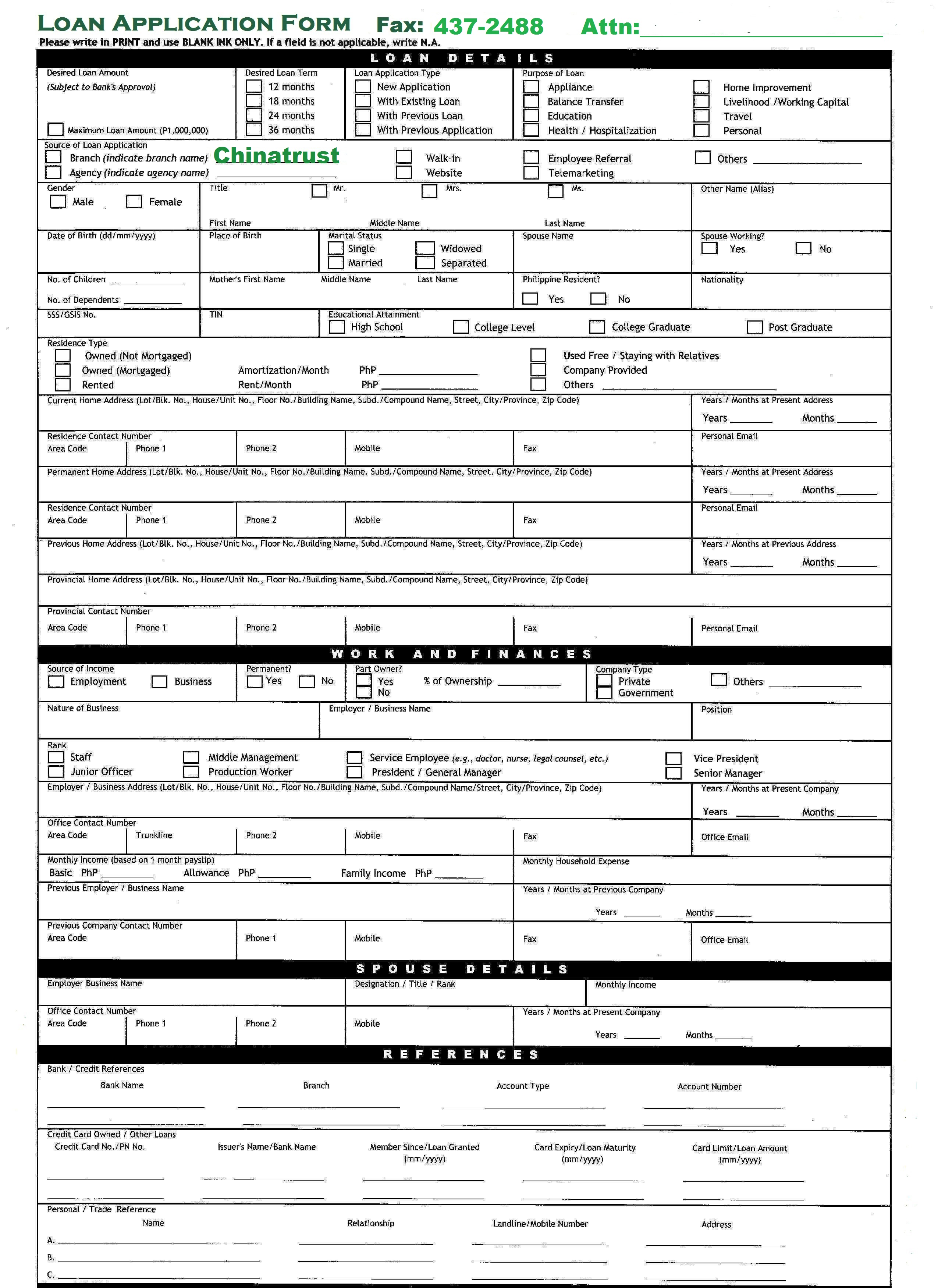 Free personal loan form template